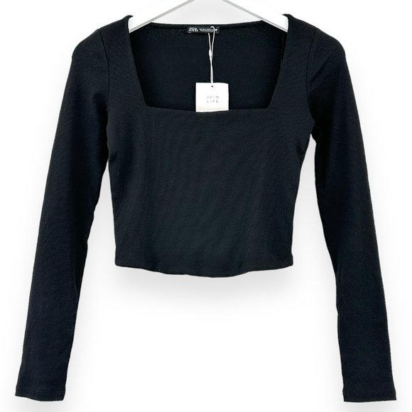 NWT Zara Black Square Neckline Long Sleeve Ribbed Lightweight Cotton Sweater Top - Picture 1 of 7